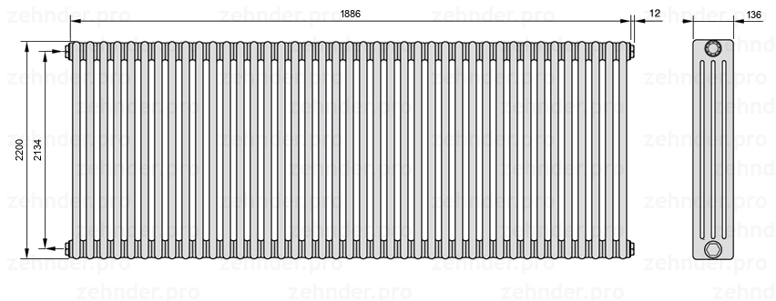 Схема (чертеж) Радиатор Zehnder Charleston 4220/41 №1270 Белый глянцевый RAL 9016